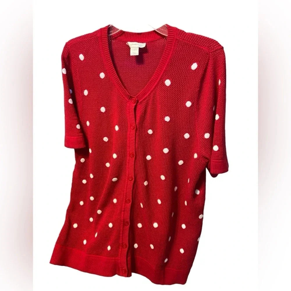 CJ Banks Red With White Polka Dot Short Sleeve Knit Cardigan Sweater